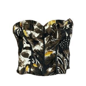 Bebe Black White Yellow Brown Feather Print Bustier Corset Strapless Tube Top Xs
